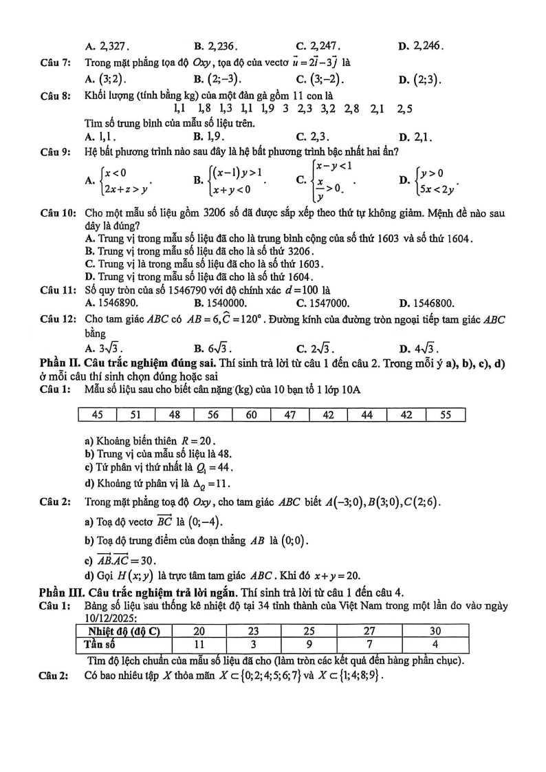 Đề thi Học kì 1 Toán 10 trường THPT chuyên Thái Nguyên năm 2025-2026