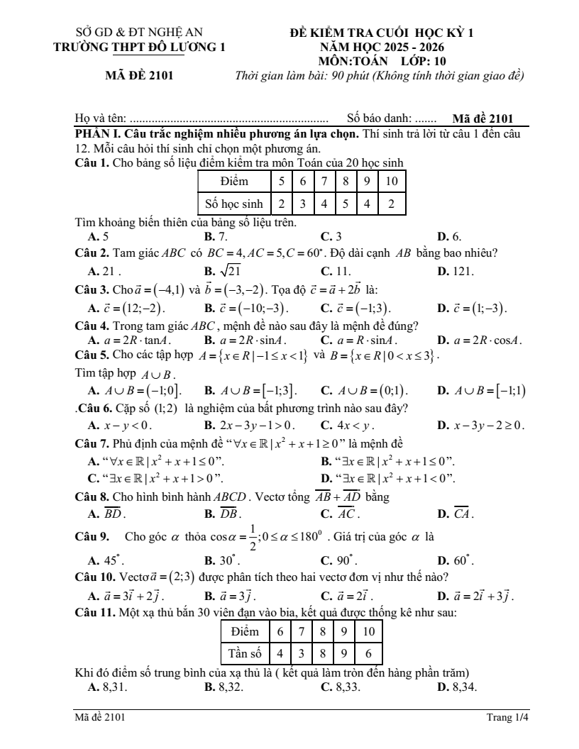 Đề thi Học kì 1 Toán 10 trường THPT Đô Lương 1 năm 2025-2026