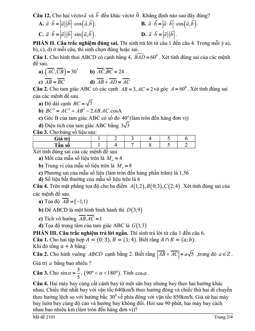 Đề thi Học kì 1 Toán 10 trường THPT Đô Lương 1 năm 2025-2026