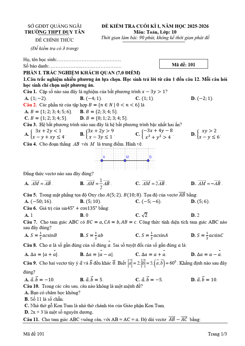 Đề thi Học kì 1 Toán 10 trường THPT Duy Tân (Quảng Ngãi) năm 2025-2026