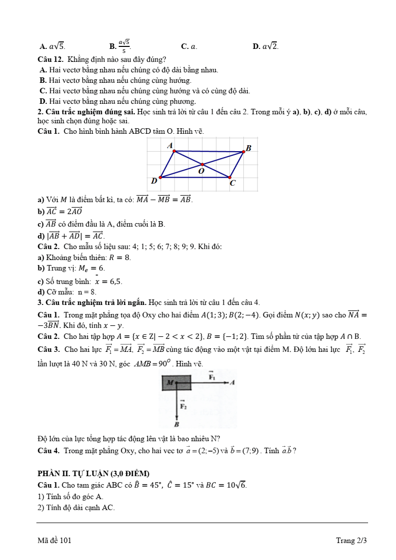 Đề thi Học kì 1 Toán 10 trường THPT Duy Tân (Quảng Ngãi) năm 2025-2026