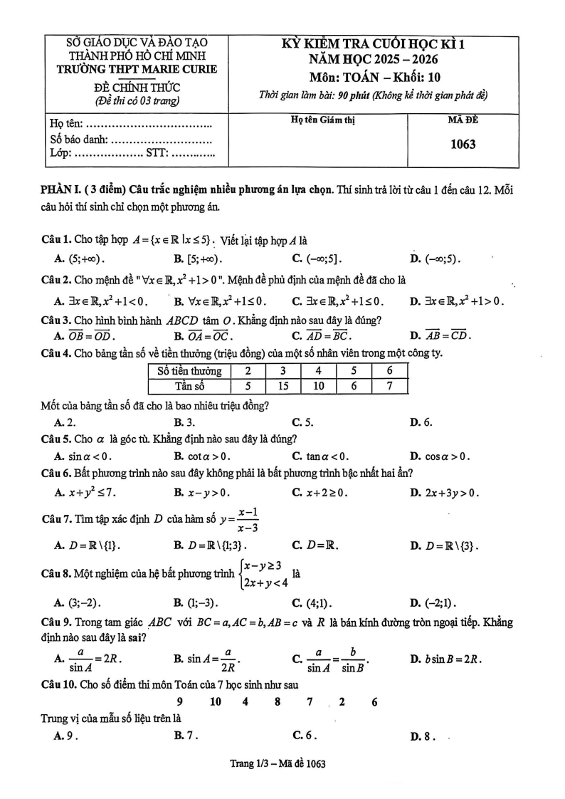 Đề thi Học kì 1 Toán 10 trường THPT Marie Curie năm 2025-2026