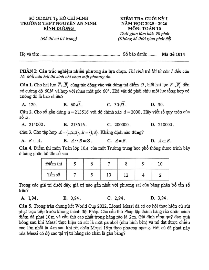 Đề thi Học kì 1 Toán 10 trường THPT Nguyễn An Ninh năm 2025-2026