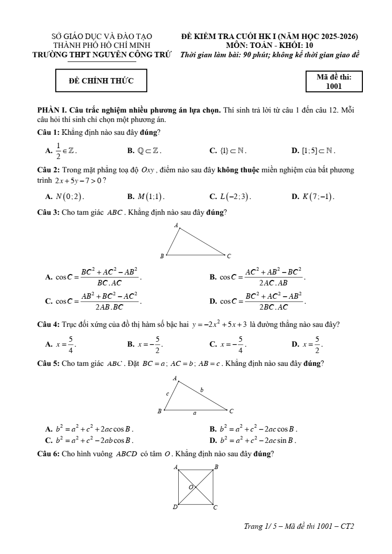 Đề thi Học kì 1 Toán 10 trường THPT Nguyễn Công Trứ (Tp.HCM) năm 2025-2026