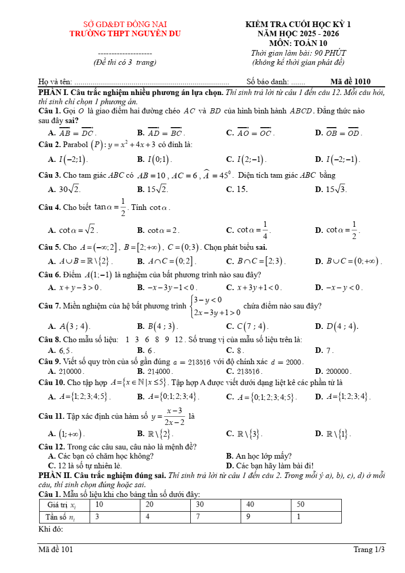 Đề thi Học kì 1 Toán 10 trường THPT Nguyễn Du (Đồng Nai) năm 2025-2026