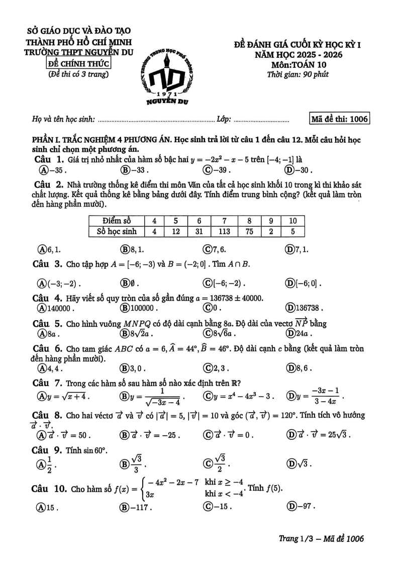 Đề thi Học kì 1 Toán 10 trường THPT Nguyễn Du năm 2025-2026
