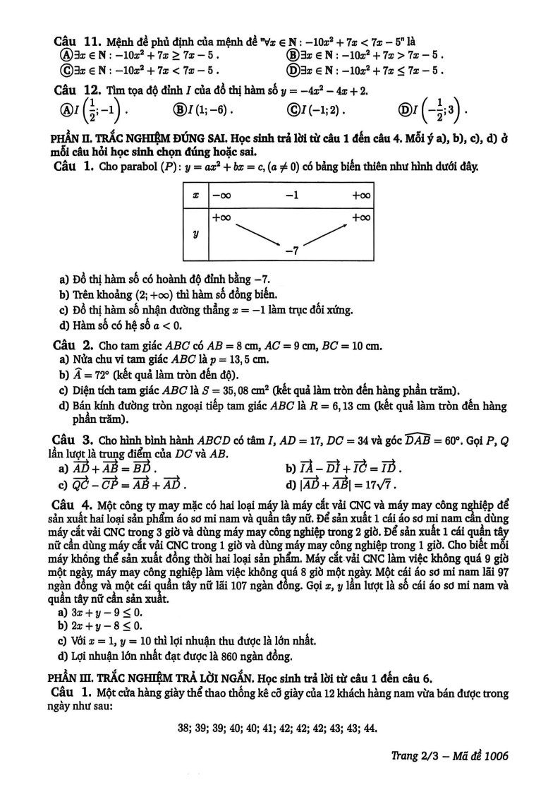 Đề thi Học kì 1 Toán 10 trường THPT Nguyễn Du năm 2025-2026