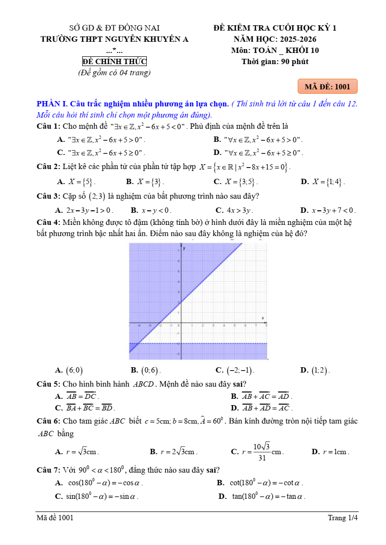 Đề thi Học kì 1 Toán 10 trường THPT Nguyễn Khuyến A (Đồng Nai) năm 2025-2026