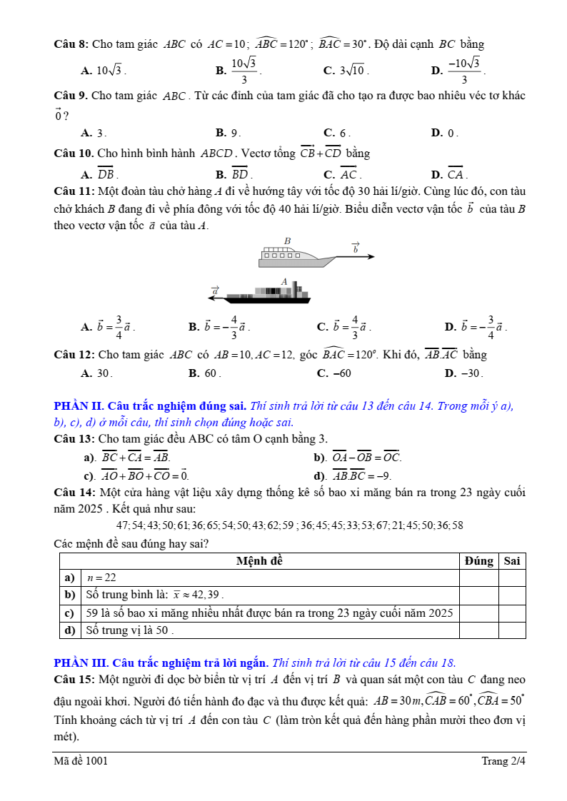 Đề thi Học kì 1 Toán 10 trường THPT Nguyễn Khuyến A (Đồng Nai) năm 2025-2026