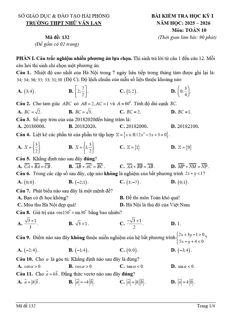 Đề thi Học kì 1 Toán 10 trường THPT Nhữ Văn Lan năm 2025-2026