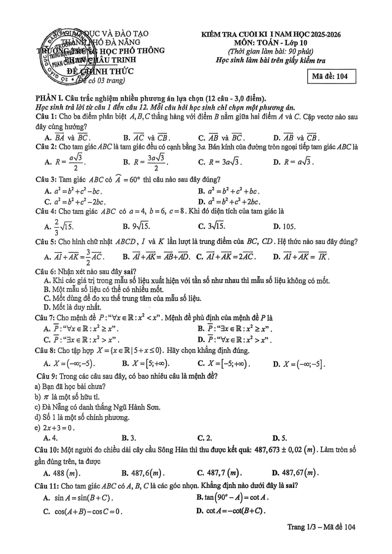 Đề thi Học kì 1 Toán 10 trường THPT Phan Châu Trinh (Đà Nẵng) năm 2025-2026