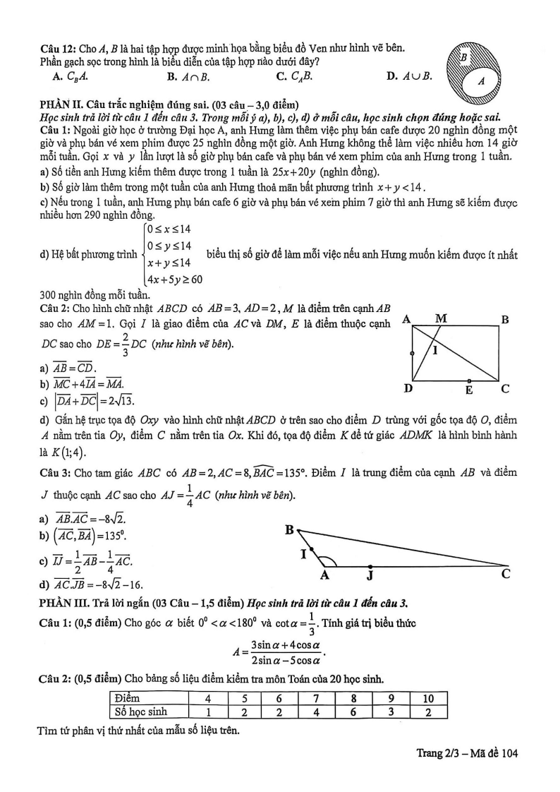 Đề thi Học kì 1 Toán 10 trường THPT Phan Châu Trinh (Đà Nẵng) năm 2025-2026