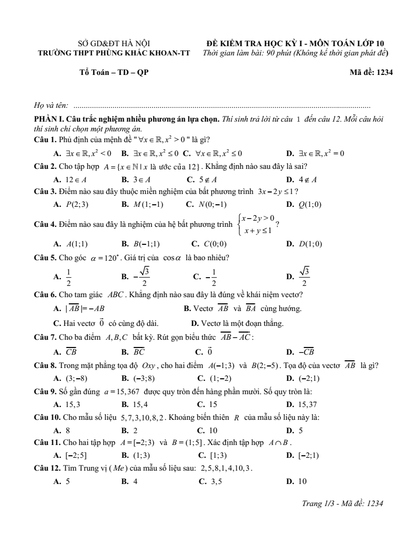 Đề thi Học kì 1 Toán 10 trường THPT Phùng Khắc Khoan năm 2025-2026