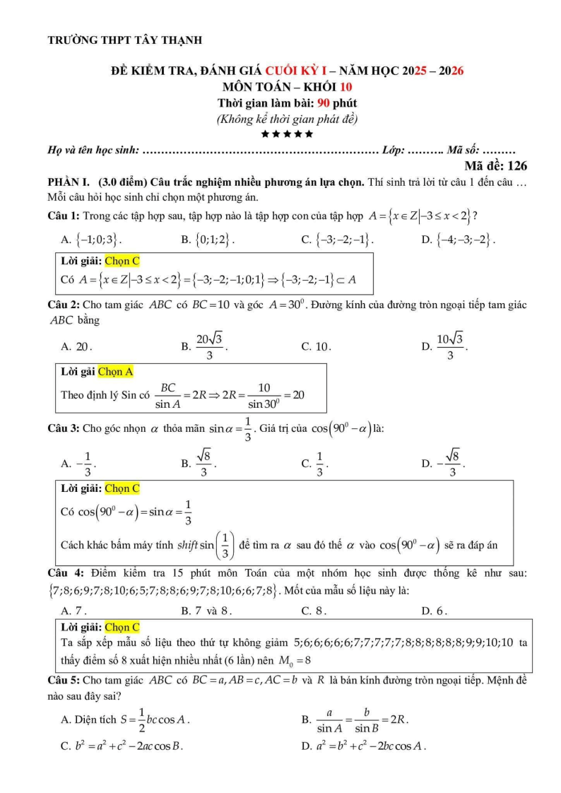 Đề thi Học kì 1 Toán 10 trường THPT Tây Thạnh năm 2025-2026