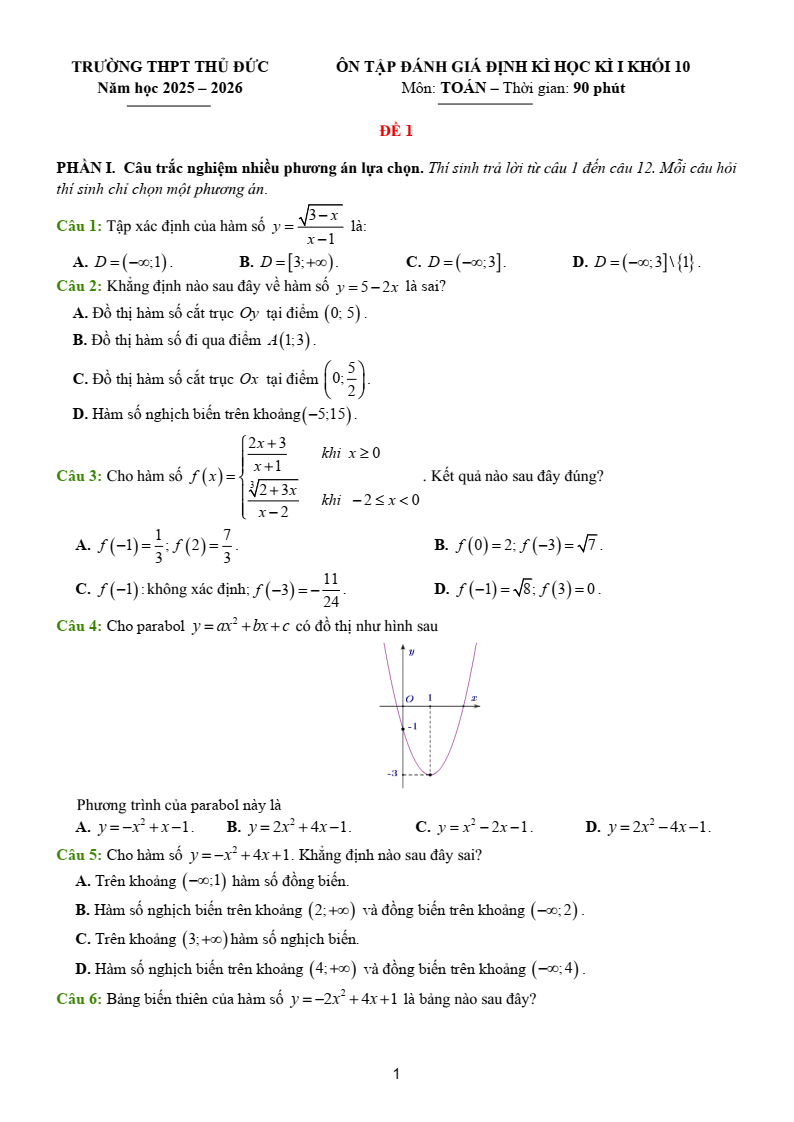 Đề thi Học kì 1 Toán 10 trường THPT Thủ Đức năm 2025-2026