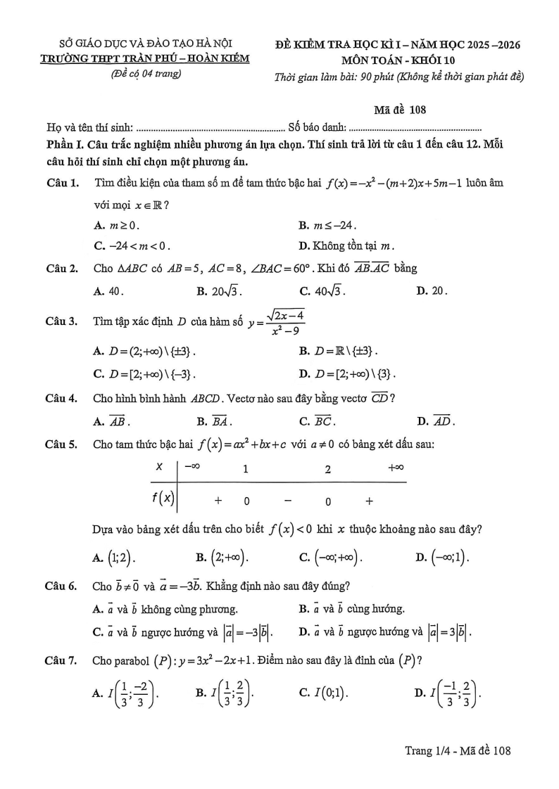 Đề thi Học kì 1 Toán 10 trường THPT Trần Phú năm 2025-2026