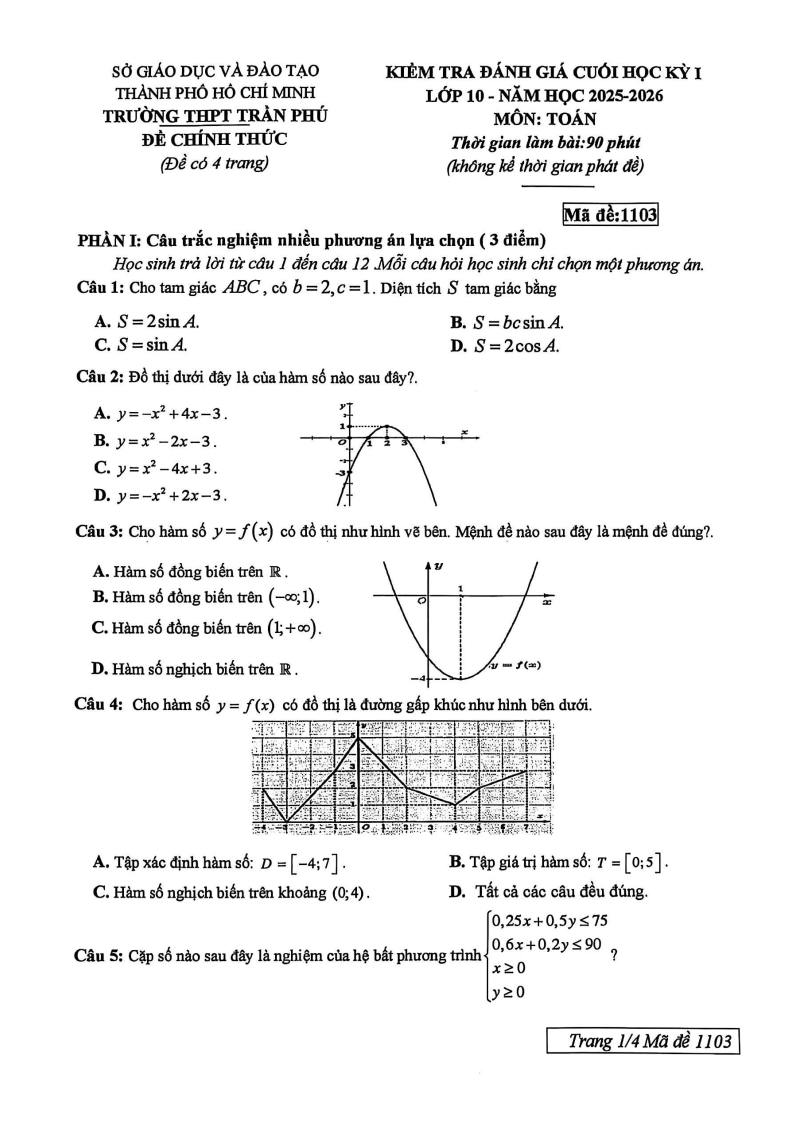Đề thi Học kì 1 Toán 10 trường THPT Trần Phú năm 2025-2026
