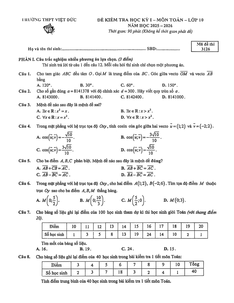Đề thi Học kì 1 Toán 10 trường THPT Việt Đức năm 2025-2026