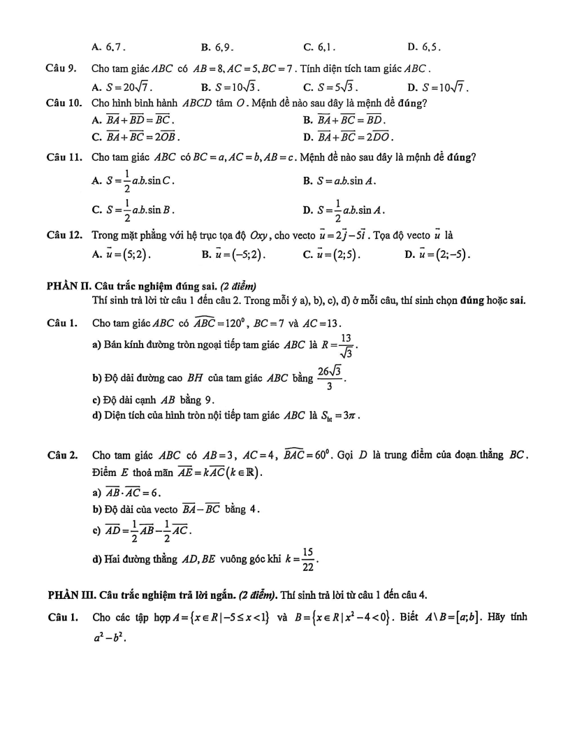 Đề thi Học kì 1 Toán 10 trường THPT Việt Đức năm 2025-2026