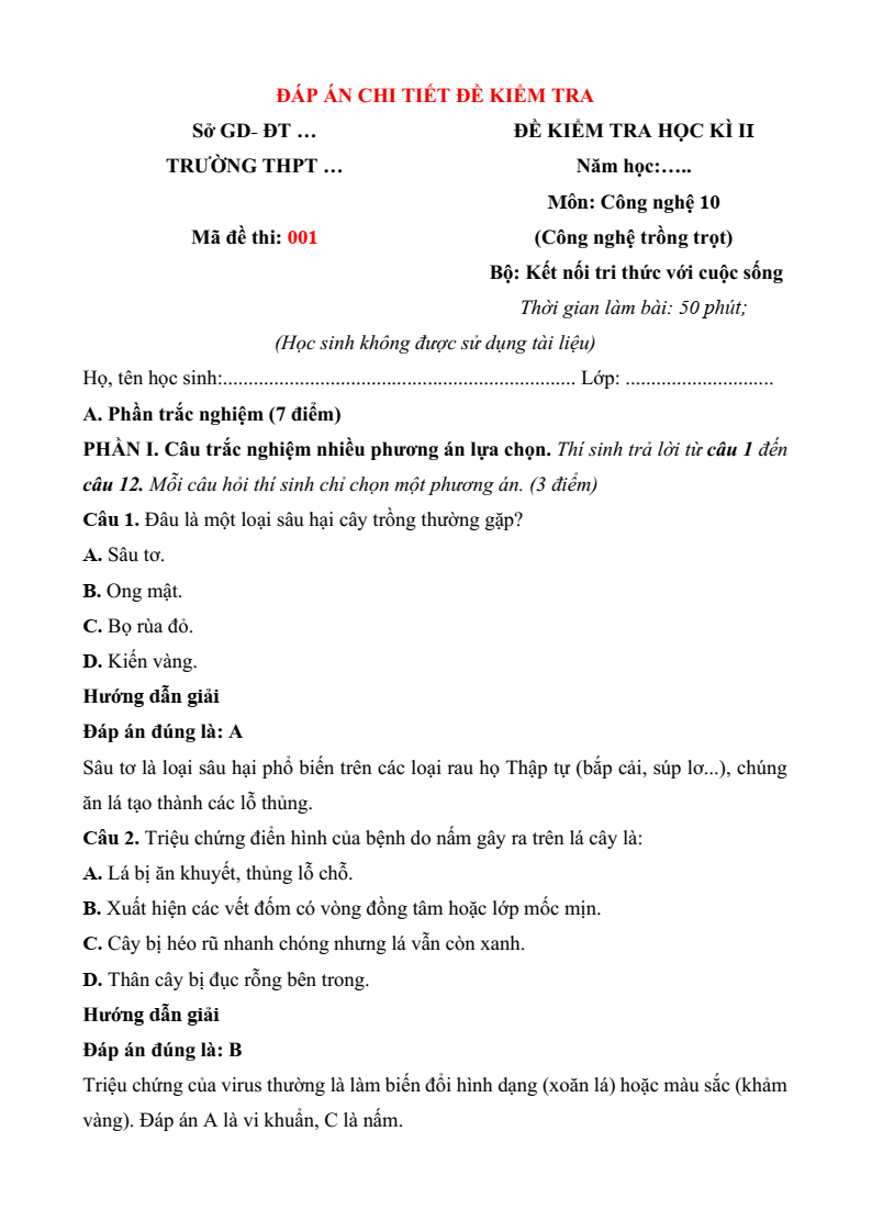 3 Đề thi Học kì 2 Công nghệ trồng trọt 10 Kết nối tri thức (có đáp án)
