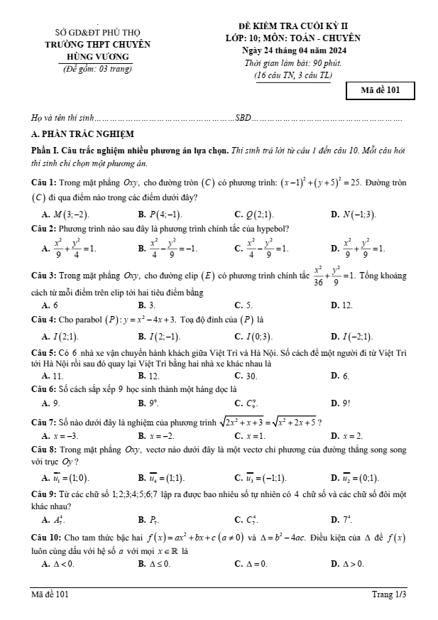 Đề thi Học kì 2 Toán 10 năm 2023-2024 trường chuyên Hùng Vương (Phú Thọ)