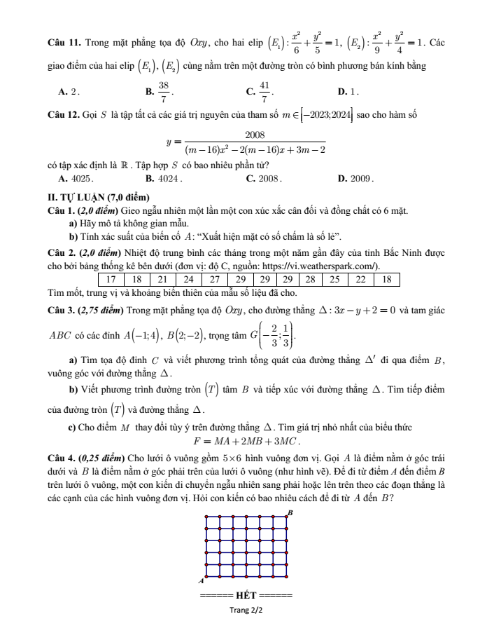 Đề thi Học kì 2 Toán 10 năm 2023-2024 sở GD&ĐT Bắc Ninh