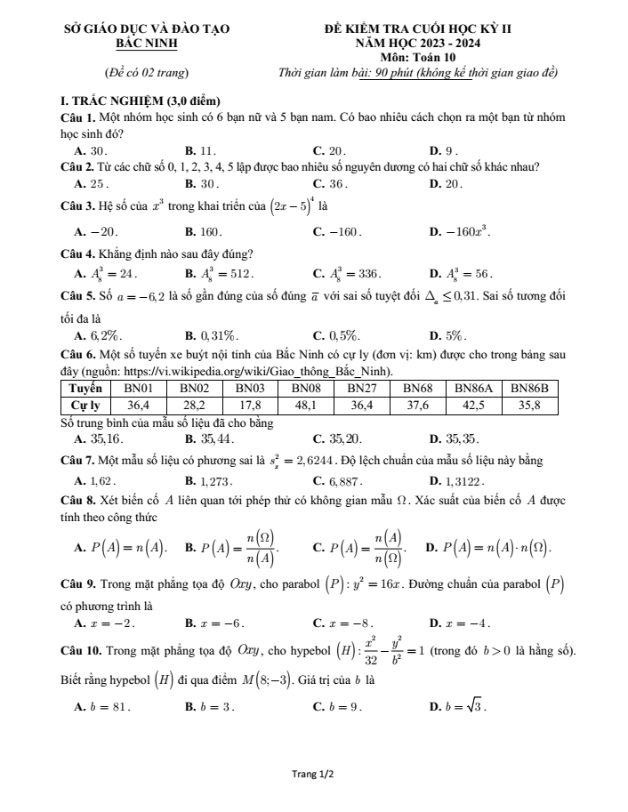 Đề thi Học kì 2 Toán 10 năm 2023-2024 sở GD&ĐT Bắc Ninh