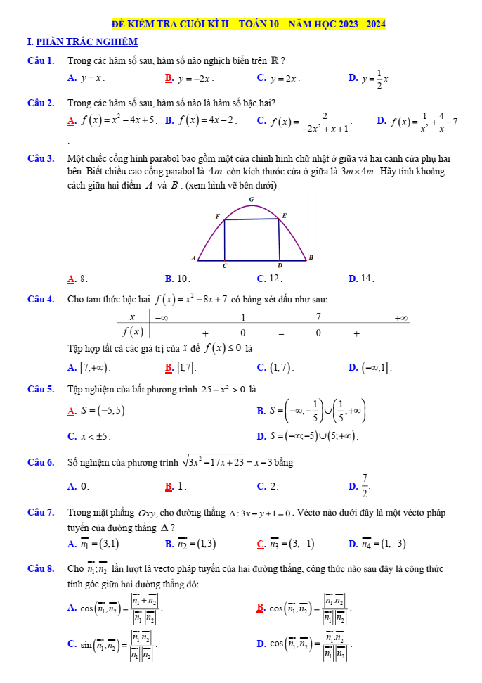 Đề thi Học kì 2 Toán 10 năm 2023-2024 sở GD&ĐT Thanh Hóa
