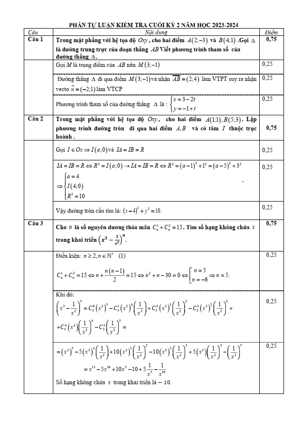 Đề thi Học kì 2 Toán 10 năm 2023-2024 trường THPT Đặng Huy Trứ (Huế)