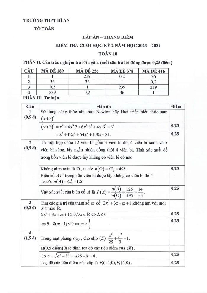 Đề thi Học kì 2 Toán 10 năm 2023-2024 trường THPT Dĩ An (Bình Dương)