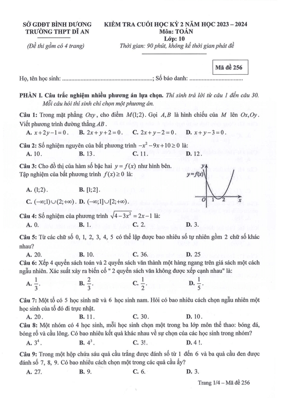 Đề thi Học kì 2 Toán 10 năm 2023-2024 trường THPT Dĩ An (Bình Dương)