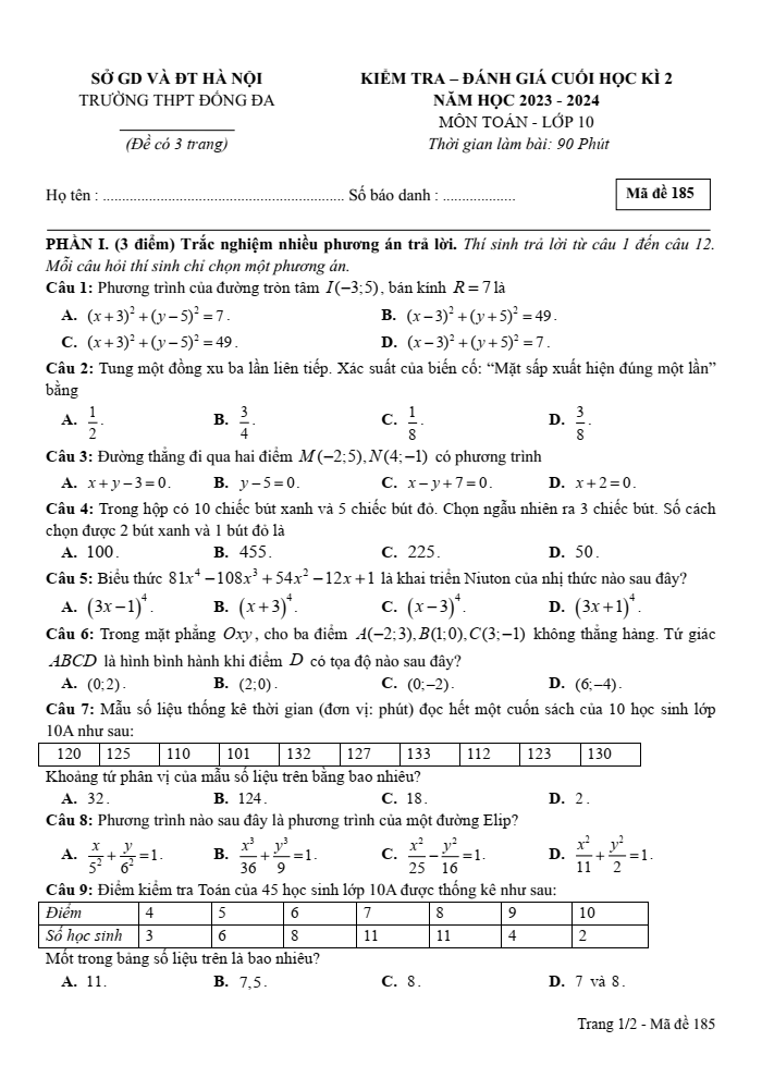 Đề thi Học kì 2 Toán 10 năm 2023-2024 trường THPT Đống Đa (Hà Nội)