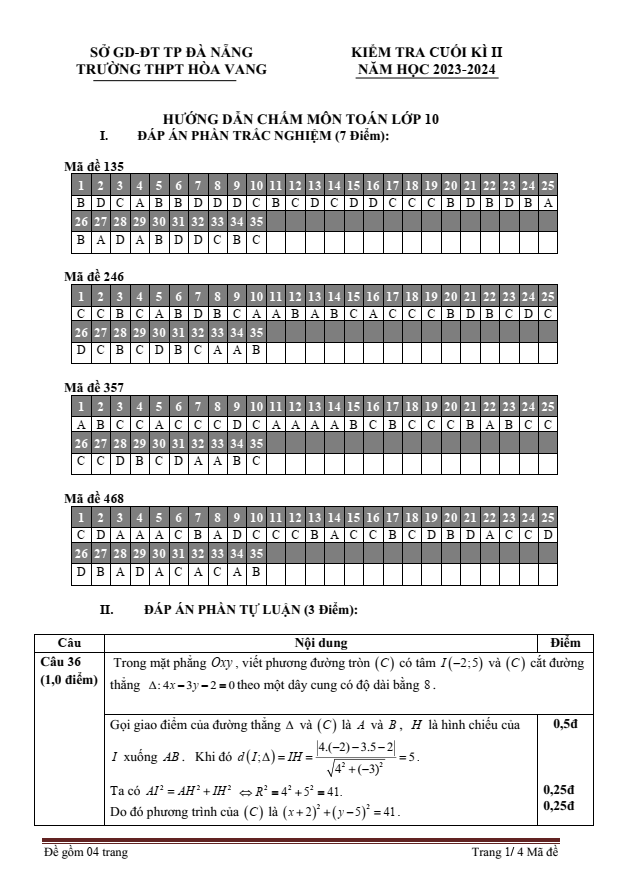 Đề thi Học kì 2 Toán 10 năm 2023-2024 trường THPT Hòa Vang (Đà Nẵng)