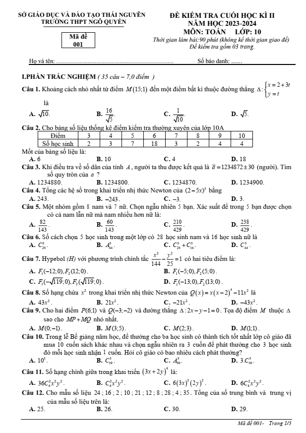 Đề thi Học kì 2 Toán 10 năm 2023-2024 trường THPT Ngô Quyền (Thái Nguyên)