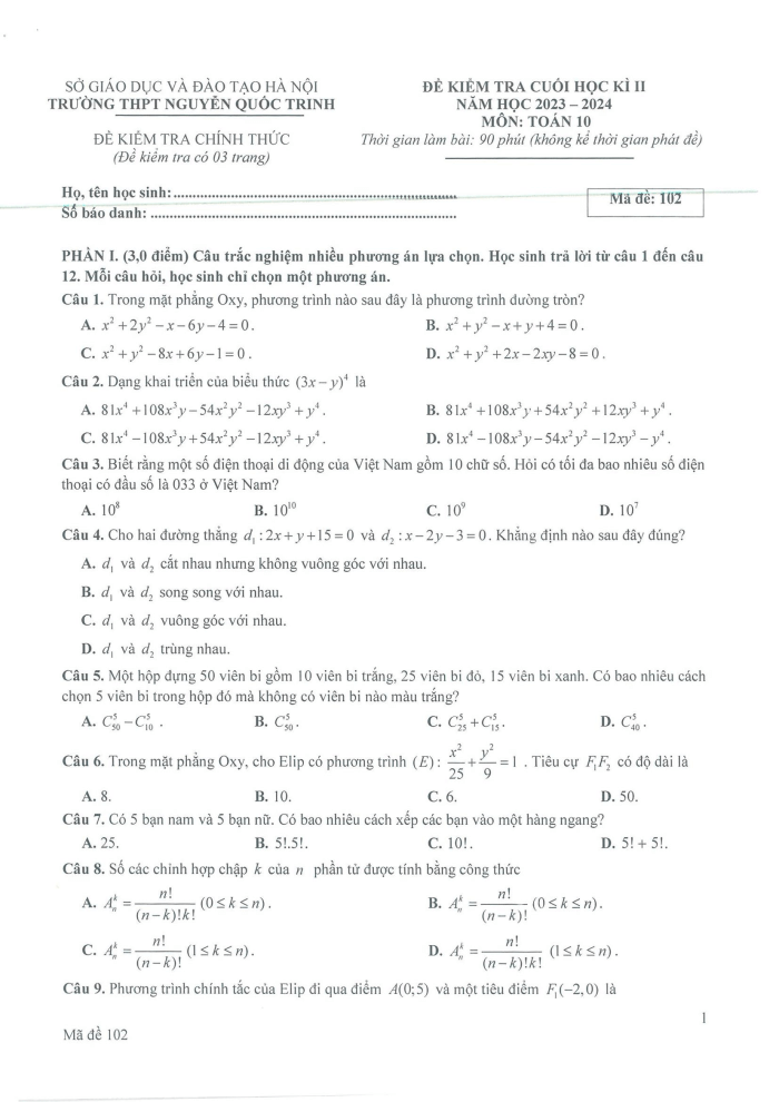Đề thi Học kì 2 Toán 10 năm 2023-2024 trường THPT Nguyễn Quốc Trinh (Hà Nội)