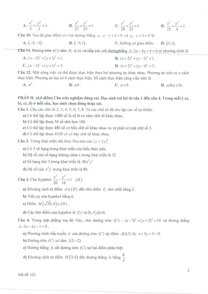 Đề thi Học kì 2 Toán 10 năm 2023-2024 trường THPT Nguyễn Quốc Trinh (Hà Nội)