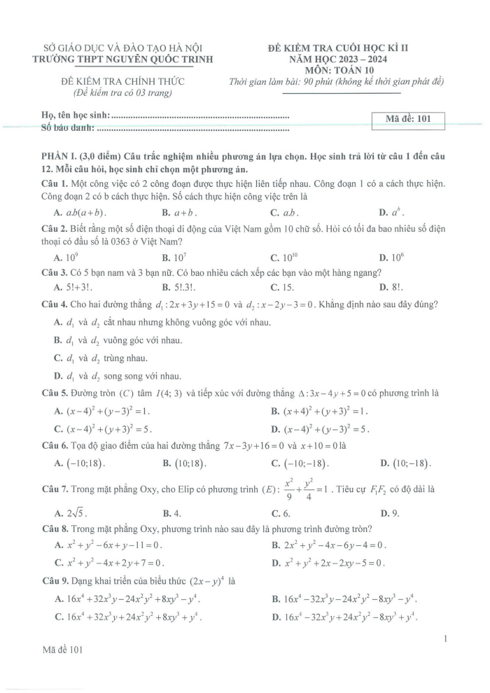 Đề thi Học kì 2 Toán 10 năm 2023-2024 trường THPT Nguyễn Quốc Trinh (Hà Nội)