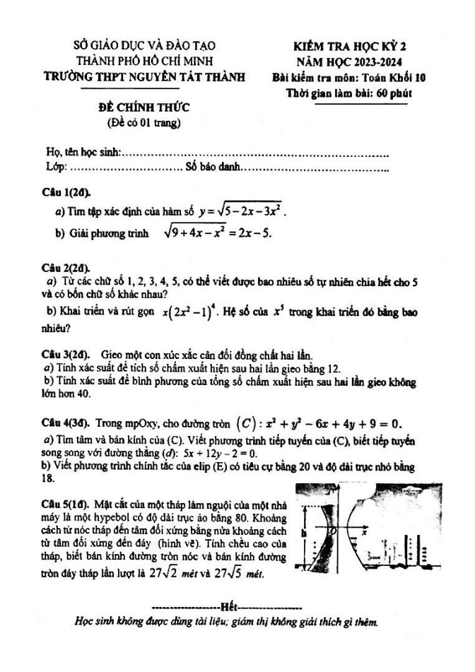 Đề thi Học kì 2 Toán 10 năm 2023-2024 trường THPT Nguyễn Tất Thành (Tp.HCM)