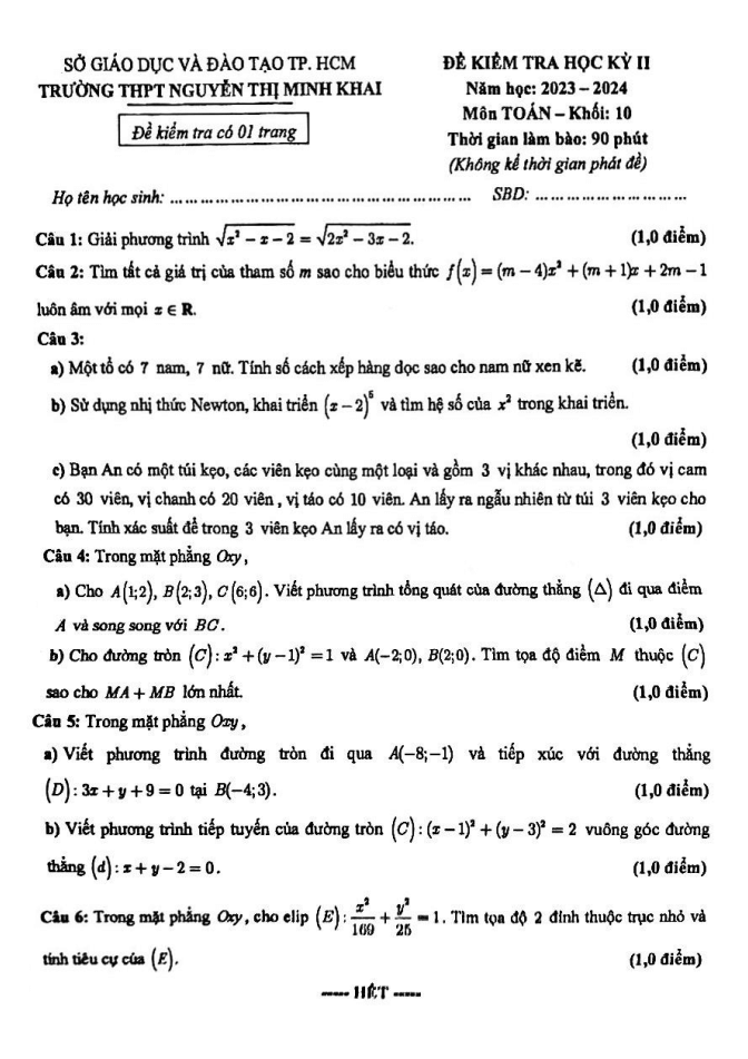 Đề thi Học kì 2 Toán 10 năm 2023-2024 trường THPT Nguyễn Thị Minh Khai (Tp.HCM)
