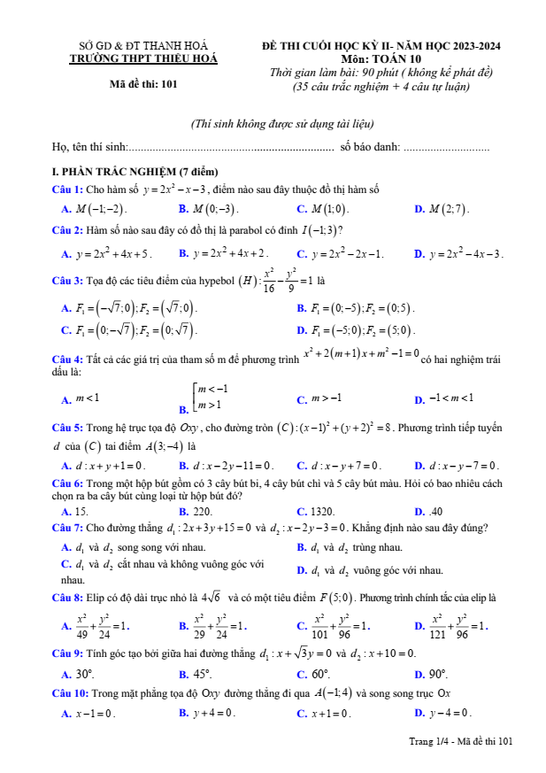 Đề thi Học kì 2 Toán 10 năm 2023-2024 trường THPT Thiệu Hóa (Thanh Hóa)