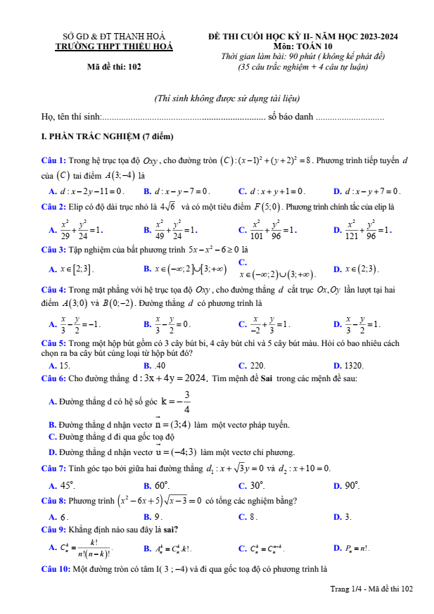 Đề thi Học kì 2 Toán 10 năm 2023-2024 trường THPT Thiệu Hóa (Thanh Hóa)