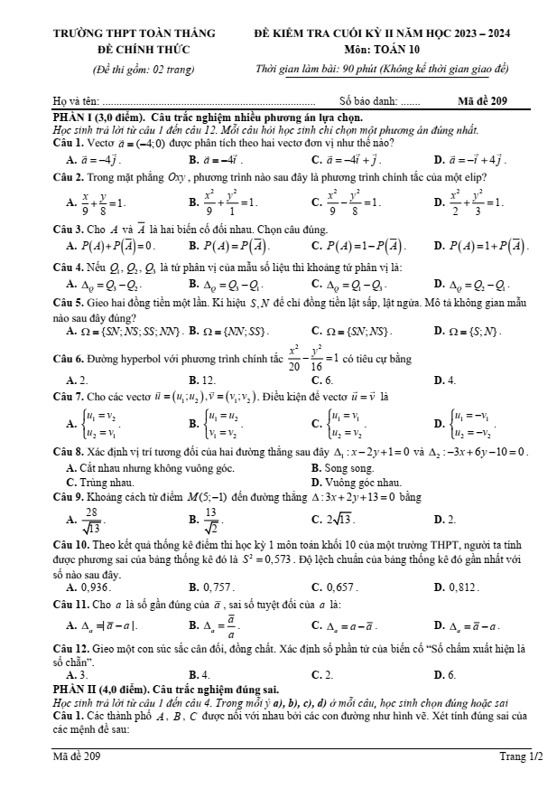 Đề thi Học kì 2 Toán 10 năm 2023-2024 trường THPT Toàn Thắng (Hải Phòng)