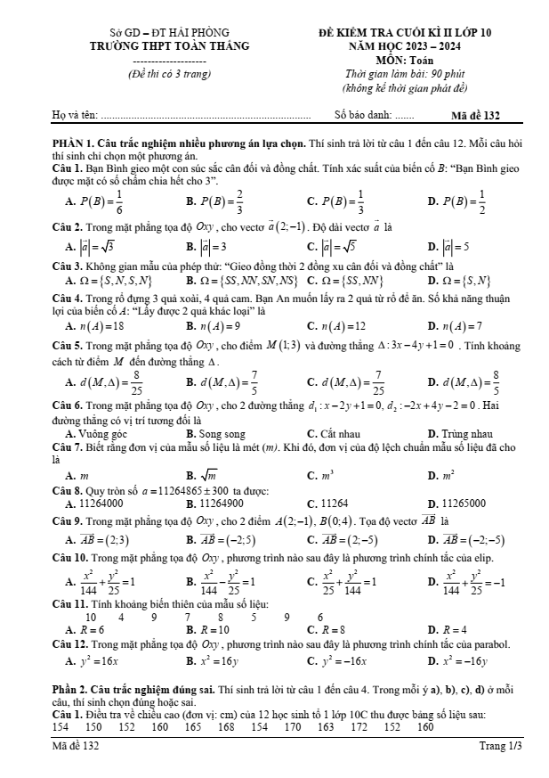 Đề thi Học kì 2 Toán 10 năm 2023-2024 trường THPT Toàn Thắng (Hải Phòng)