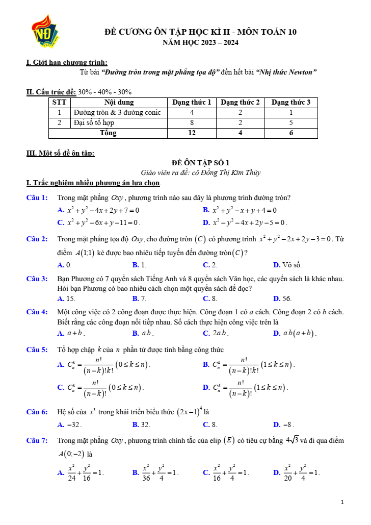 Đề thi Học kì 2 Toán 10 năm 2023-2024 trường THPT Việt Đức (Hà Nội)