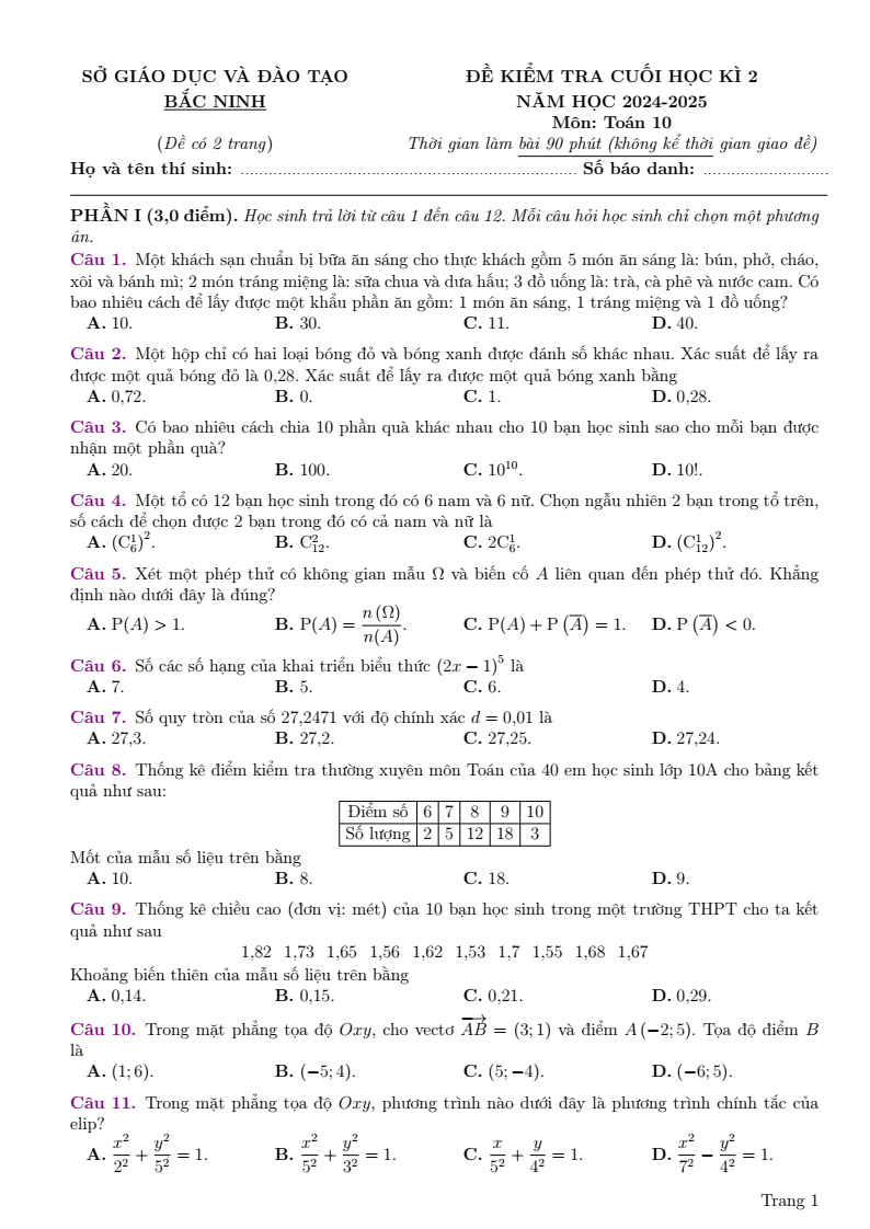 Đề thi Học kì 2 Toán 10 sở GD&ĐT Bắc Ninh năm 2024-2025