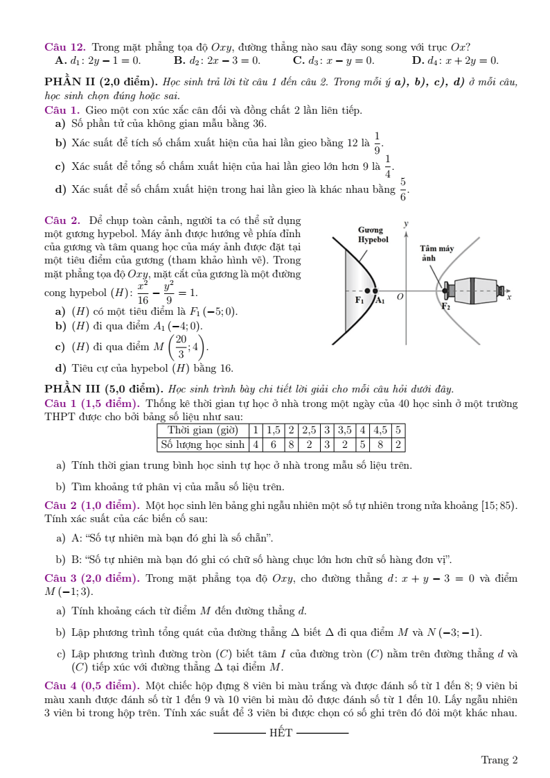 Đề thi Học kì 2 Toán 10 sở GD&ĐT Bắc Ninh năm 2024-2025