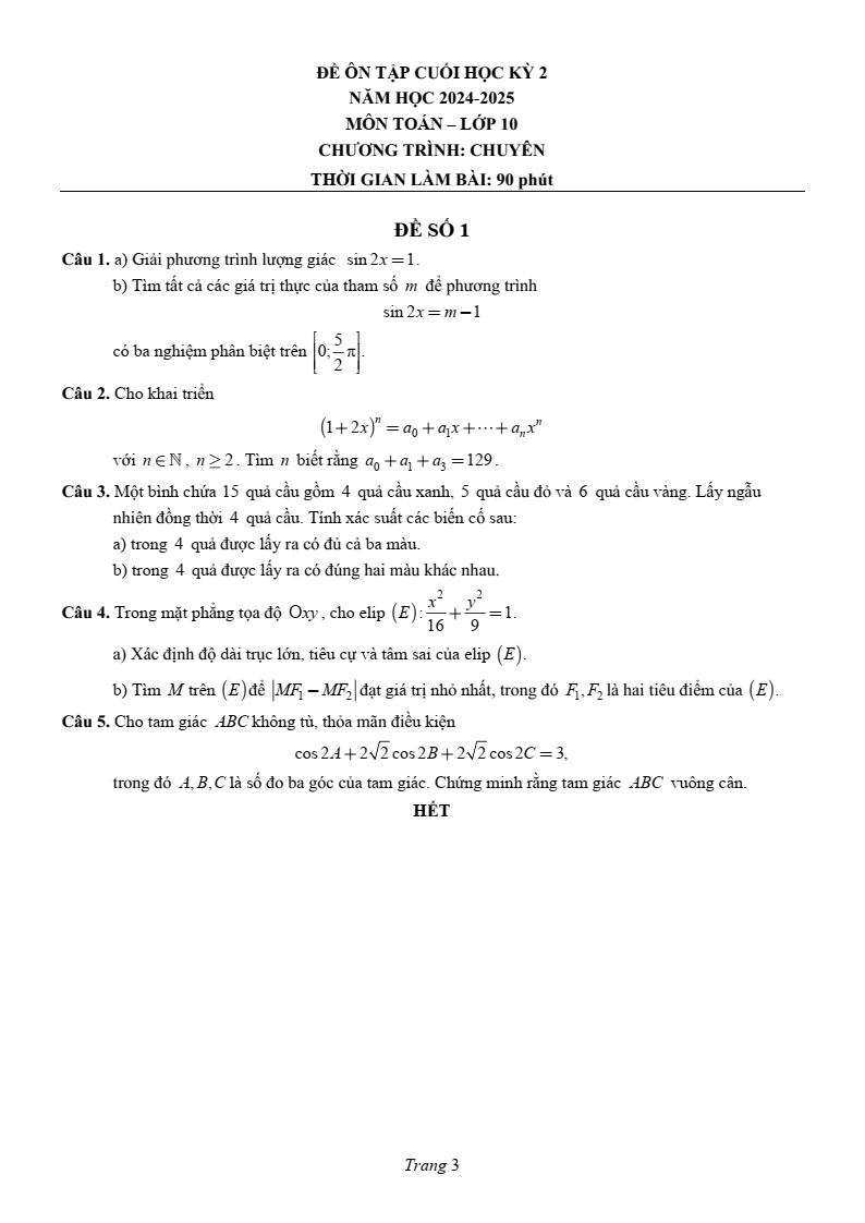Đề thi Học kì 2 Toán 10 trường chuyên Lương Văn Chánh (Phú Yên) năm 2024-2025