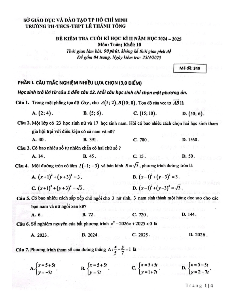 Đề thi Học kì 2 Toán 10 trường Lê Thánh Tông (Tp.HCM) năm 2024-2025