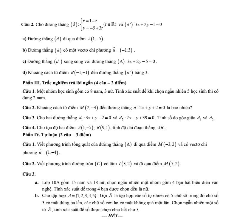 Đề thi Học kì 2 Toán 10 trường THPT Bình Chiểu (Tp.HCM) năm 2024-2025