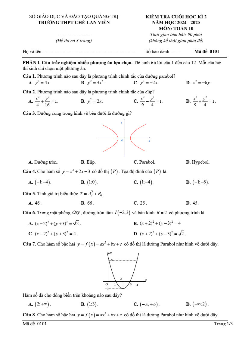 Đề thi Học kì 2 Toán 10 trường THPT Chế Lan Viên (Quảng Trị) năm 2024-2025